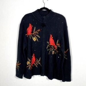 Heirloom Collectibles Black Cardigan with Red Bird Embroidery size 18/20